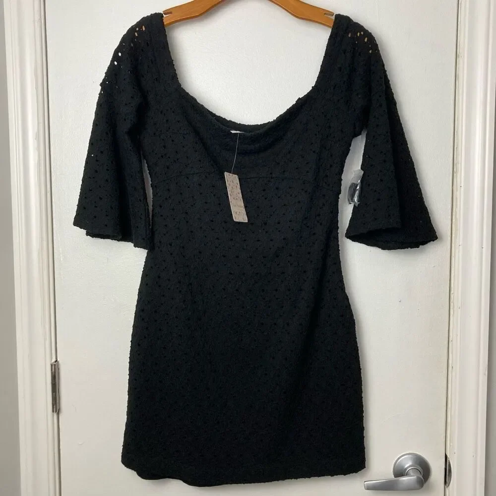 Free People‎ NWT Sophia Black Eyelet Off Shoulder Bell Sleeve Boho Mini Dress S